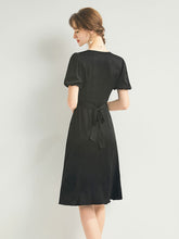 Womens Silk Midi Dress Puff Sleeves Pleated Waist Silk Dresses